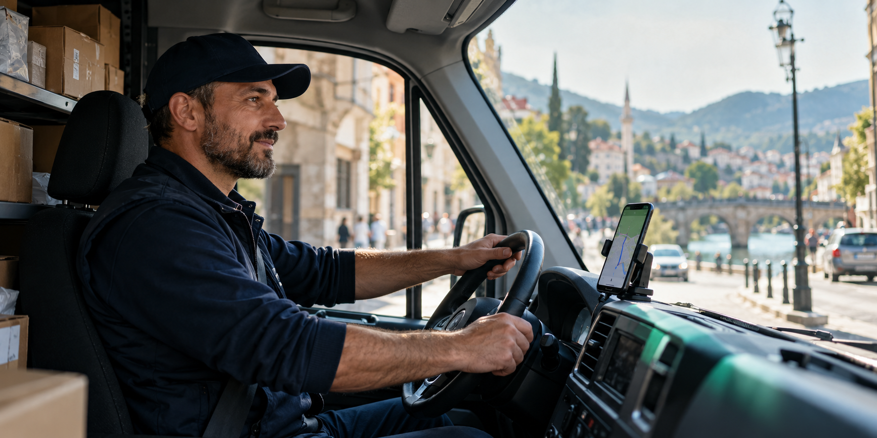 Dostavljač koristi navigaciju u dostavnom vozilu