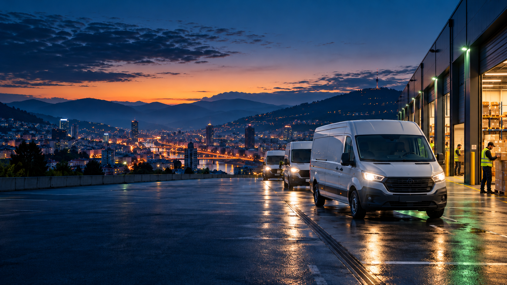 Dostavna vozila ispred logističkog centra iznad Sarajeva