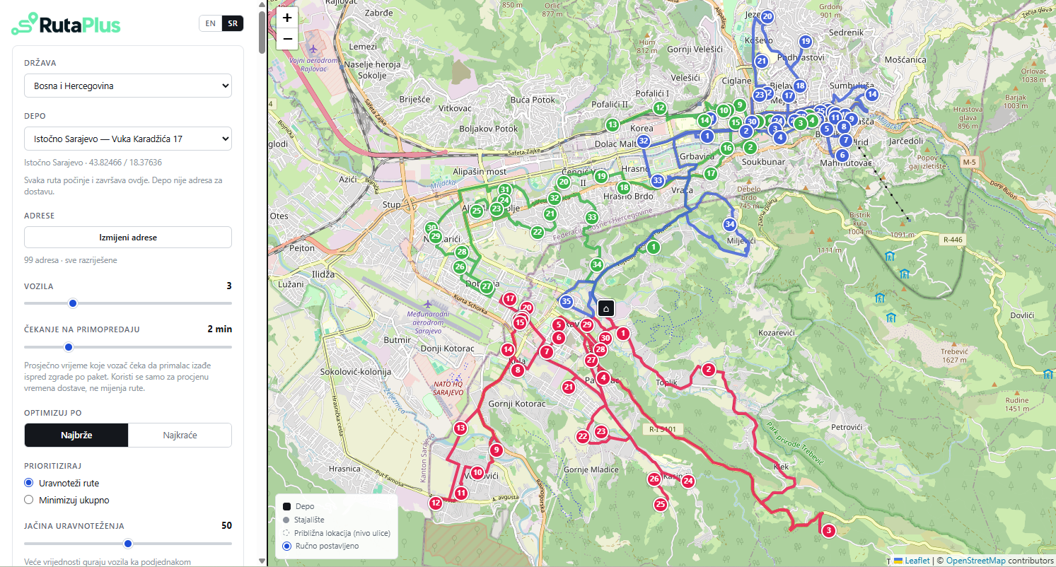 Planirane rute za tri vozila na mapi Sarajeva